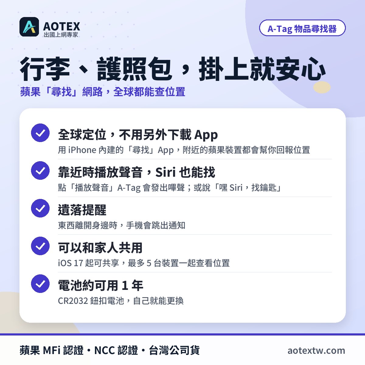 A-Tag 物品尋找器特色:蘋果尋找網路全球定位、播放聲音、遺落提醒、共享、電池約 1 年