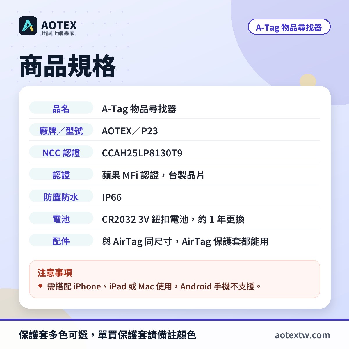 A-Tag 物品尋找器規格:型號 P23、NCC 認證、IP66、CR2032 電池